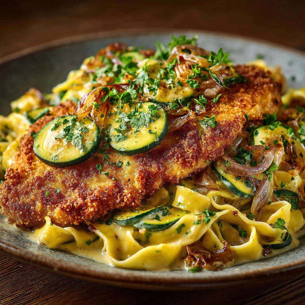 A plate of food with chicken, zucchini, and onions.