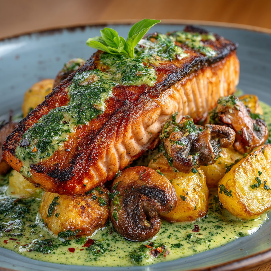 A plate of food with fish and mushrooms.