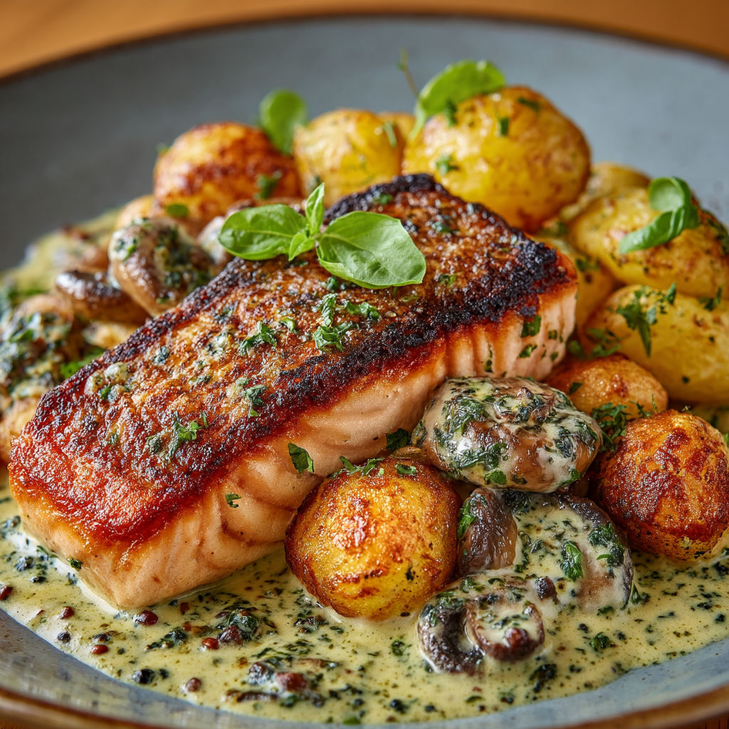 A plate of food with fish and potatoes.