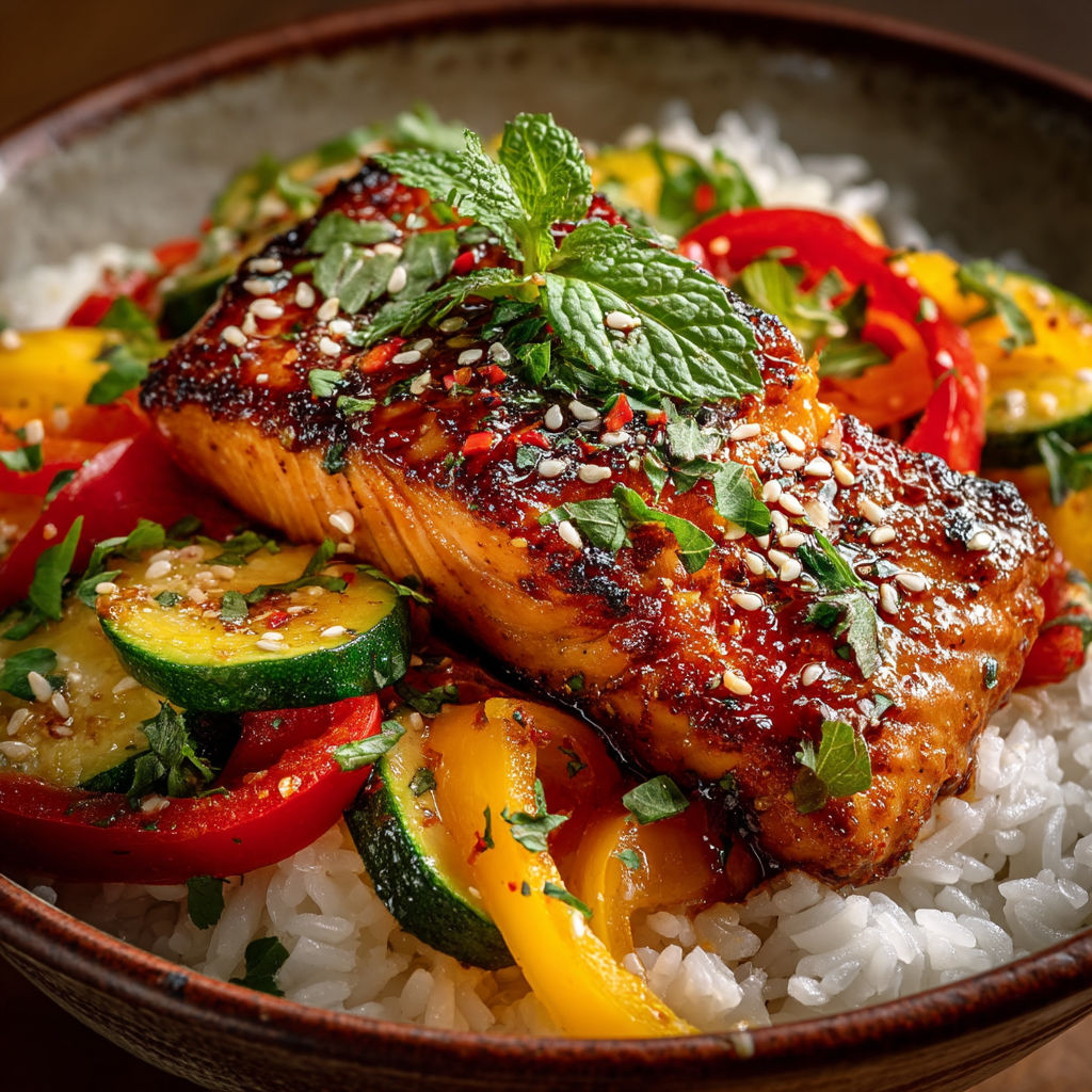 A bowl of food containing fish, rice, and vegetables.