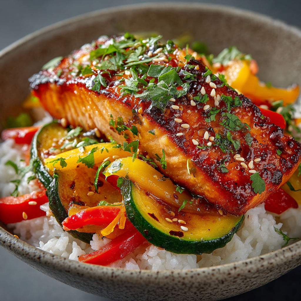 A bowl of food with a piece of fish and vegetables.