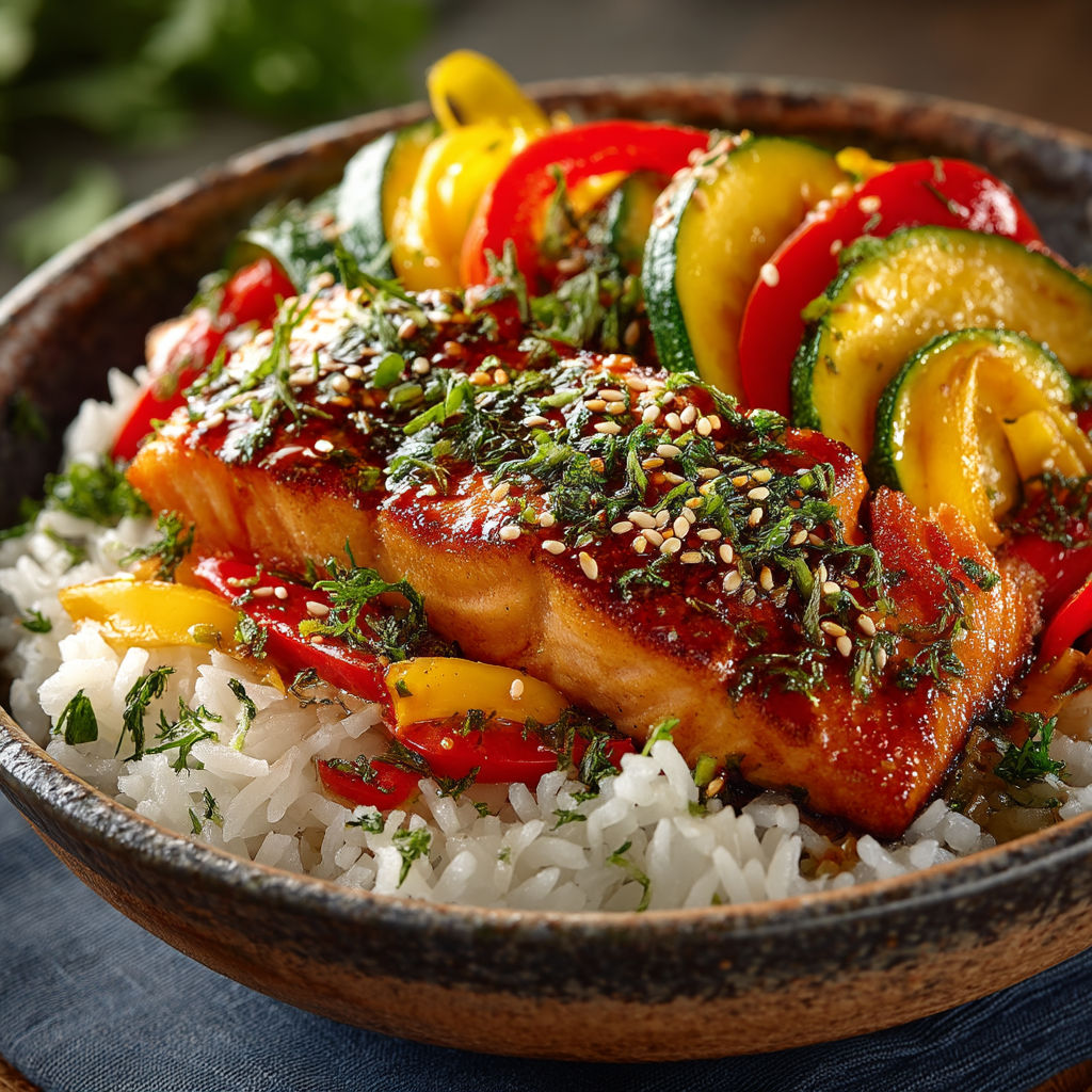 A bowl of food with rice, vegetables, and meat.