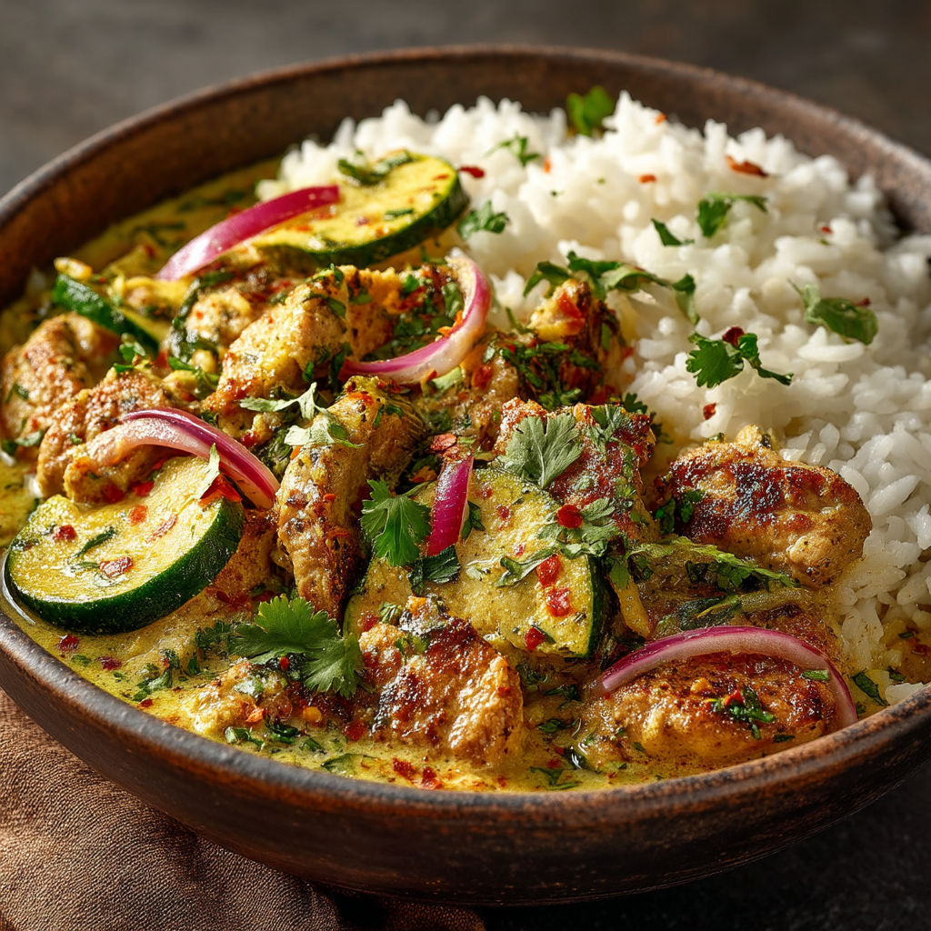 A bowl of food with chicken and vegetables.