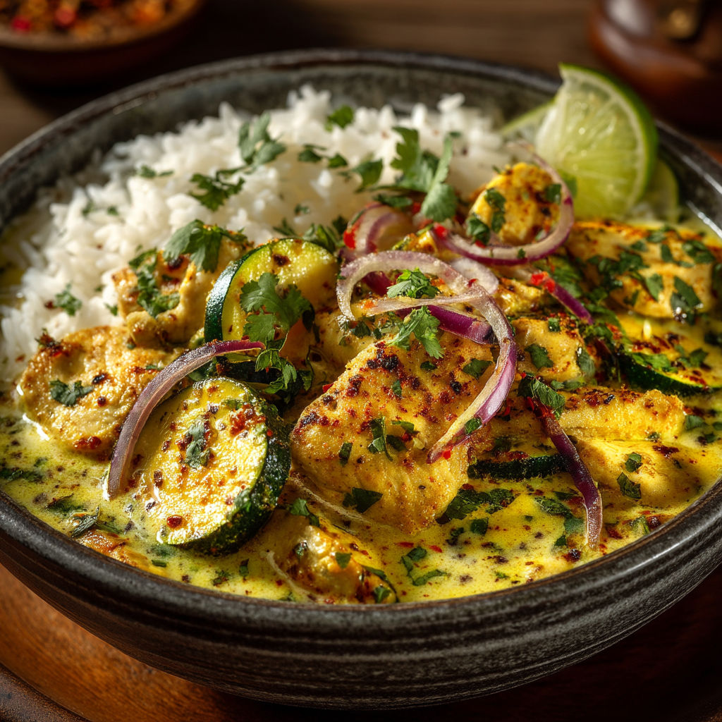 A bowl of food with rice, chicken, and vegetables.