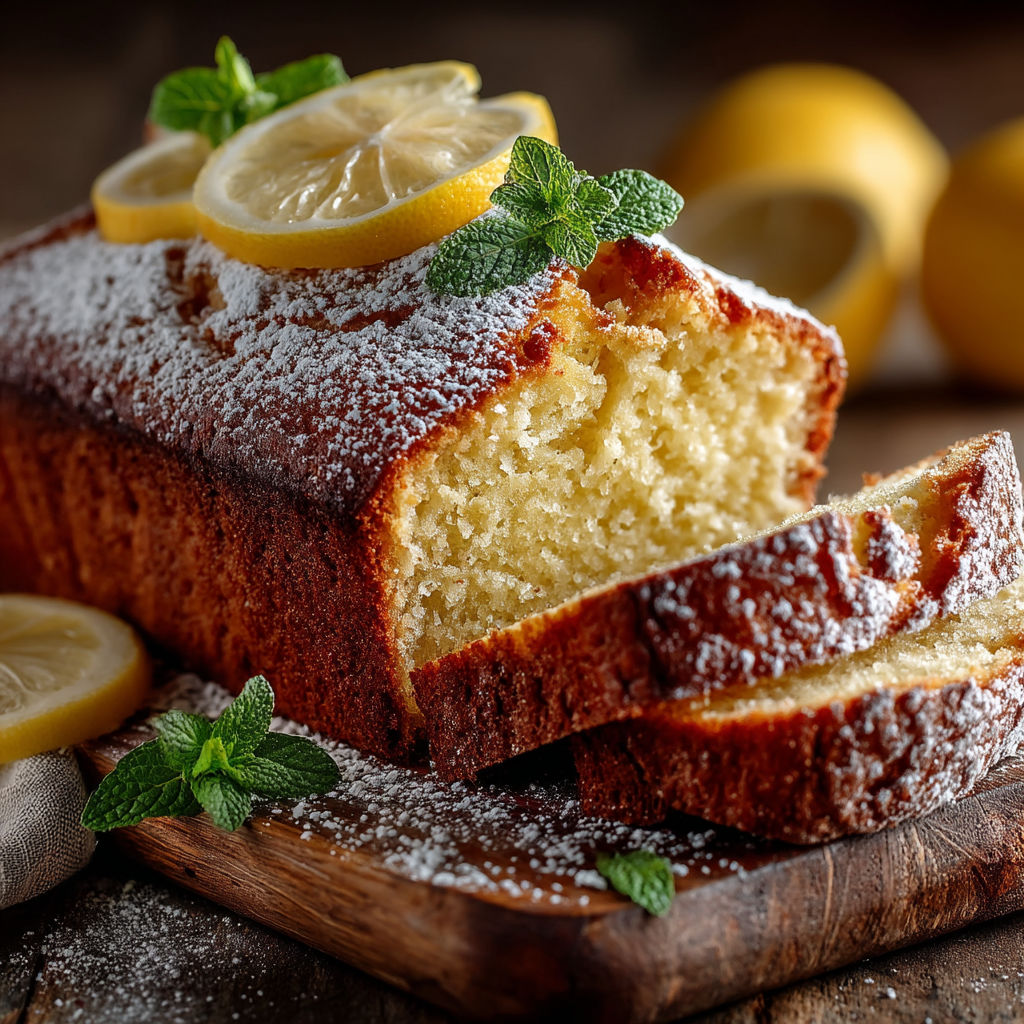 A slice of cake with lemon and mint on top.