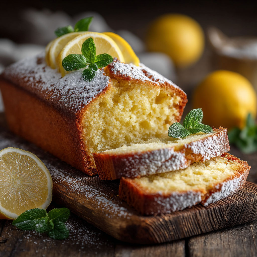 A slice of lemon cake with powdered sugar on a wooden table.