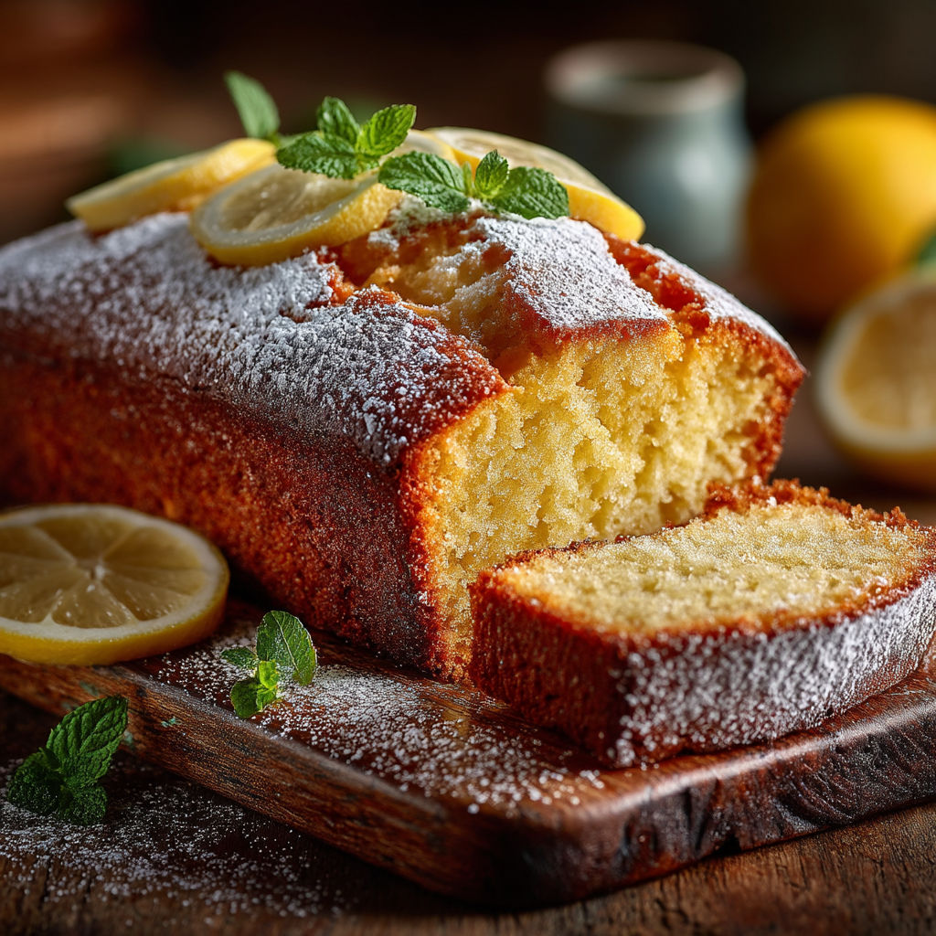 A slice of lemon cake with lemon slices on top.
