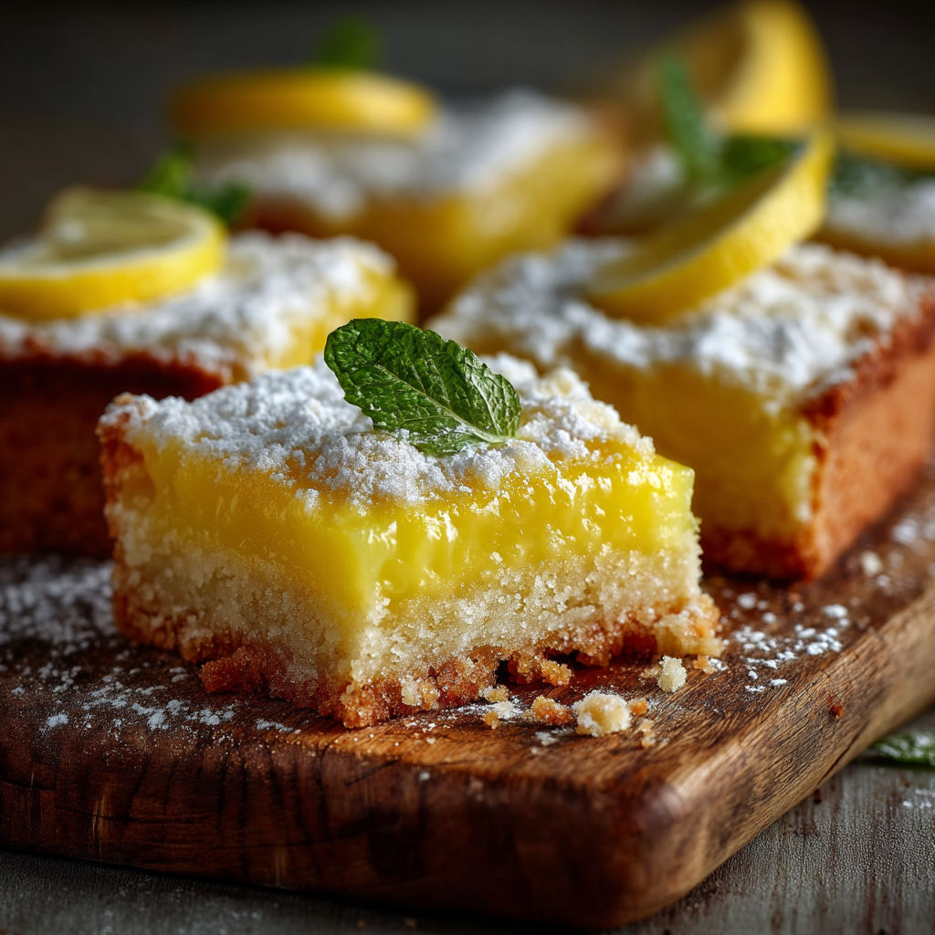 A plate of lemon squares with powdered sugar on top.