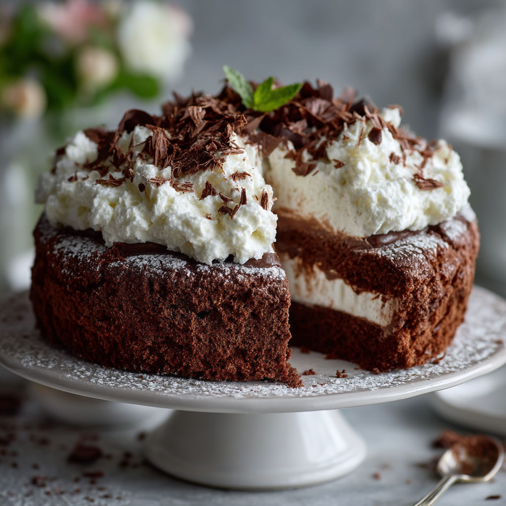 A slice of chocolate cake with white frosting.