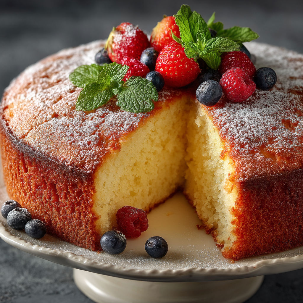 A cake with strawberries and blueberries on top.