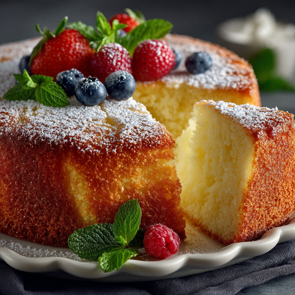 A cake with strawberries and blueberries on top.