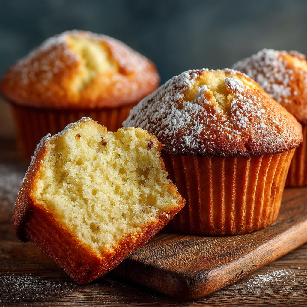 Three muffins with powdered sugar on a wooden table.