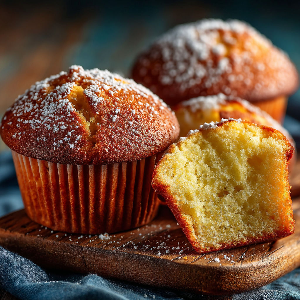 Muffins with powdered sugar on a wooden tray.