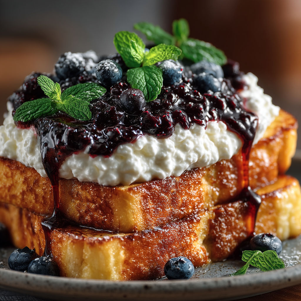 A stack of French toast with blueberries and mint.