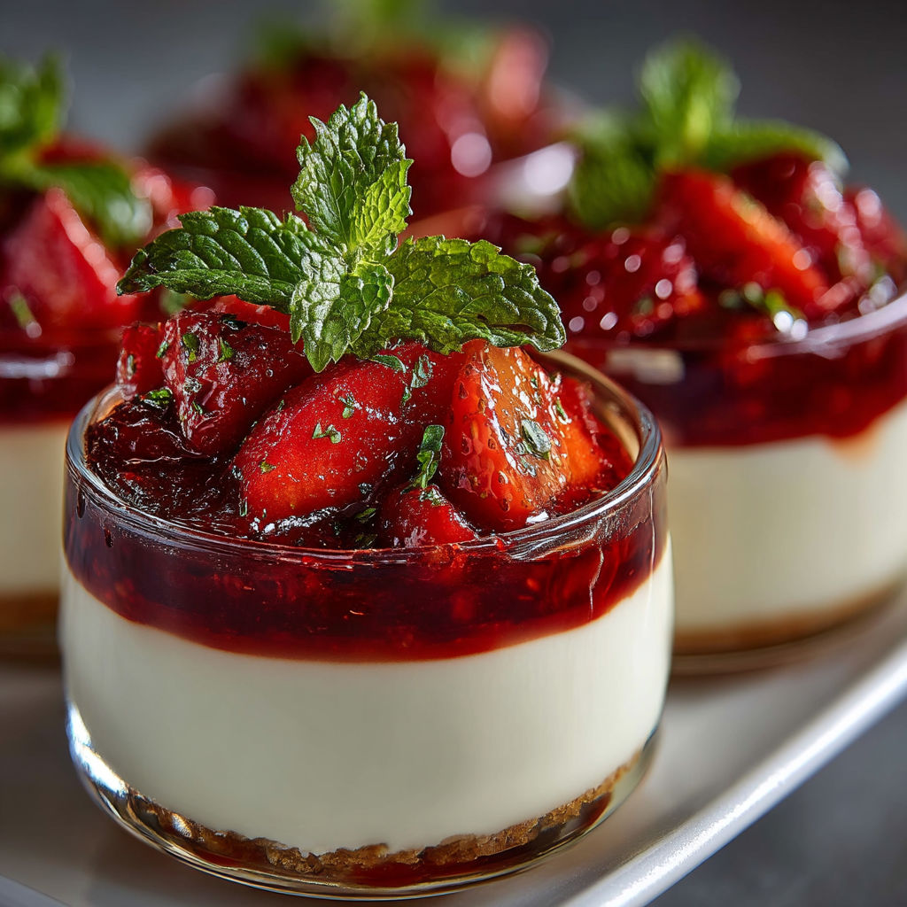 A close up of a dessert with strawberries and mint.