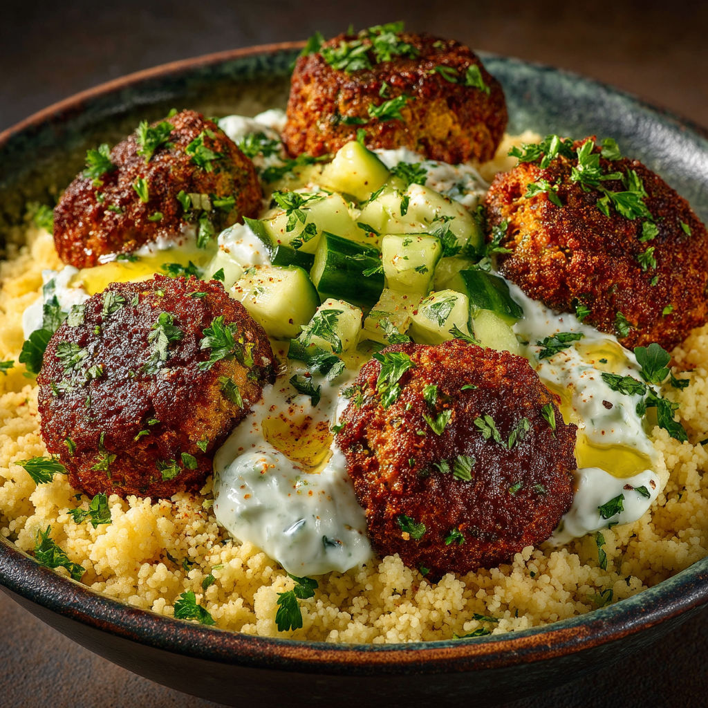 A bowl of food containing falafel, cucumbers, and tzatziki.
