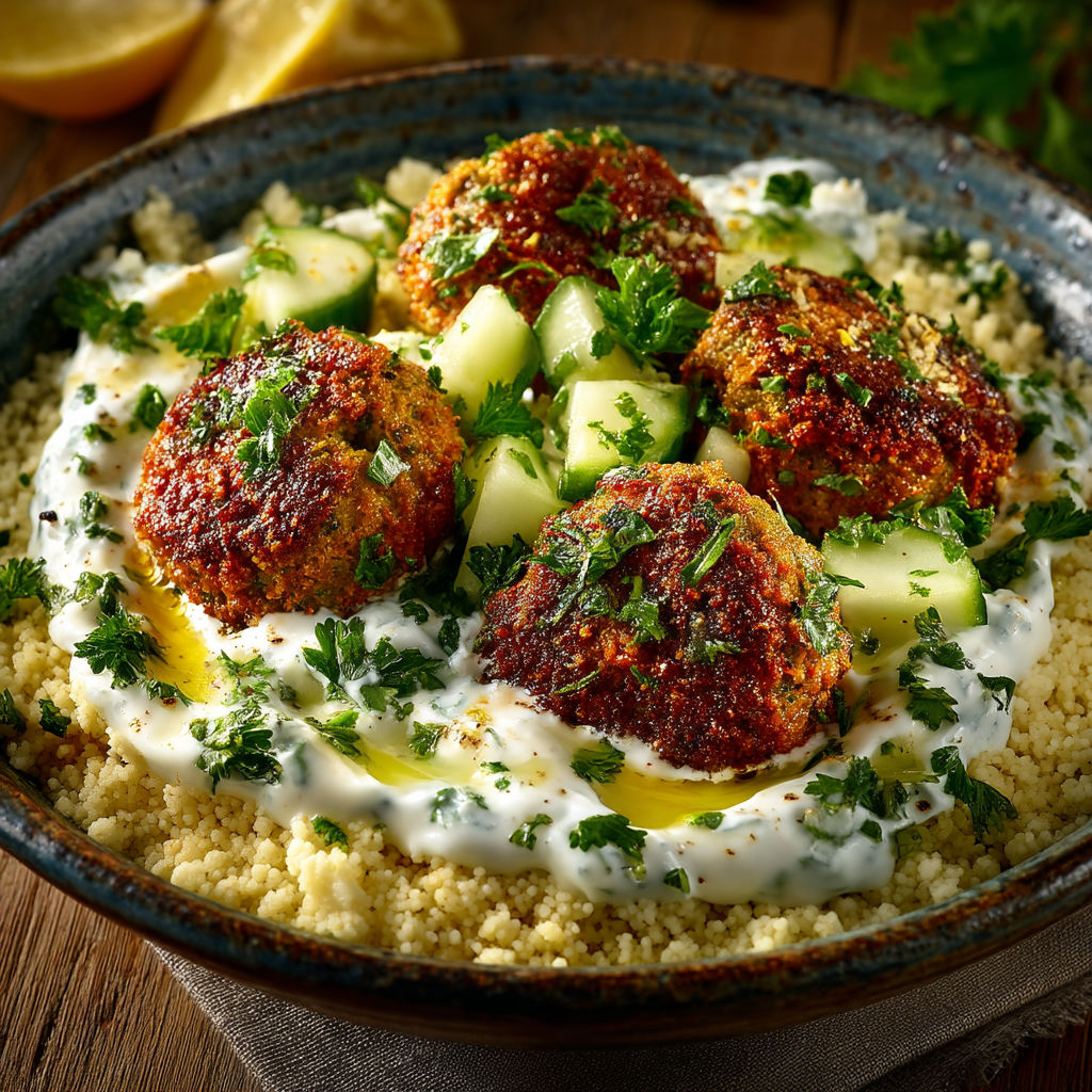 A bowl of food with meatballs and vegetables.