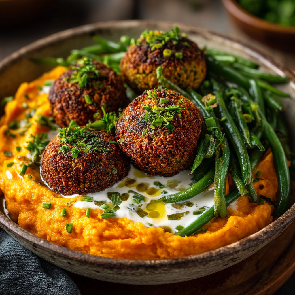A bowl of food with falafels, patate douce and haricots.