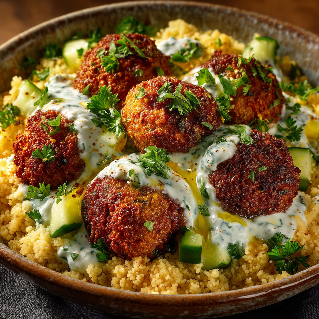 A bowl of food with meatballs and vegetables.