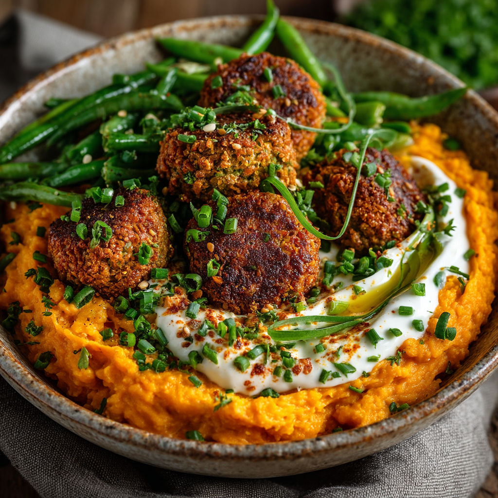 A bowl of food with meatballs and green beans.