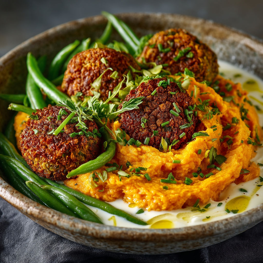 A bowl of food with a green bean, a pea, and a meatball.