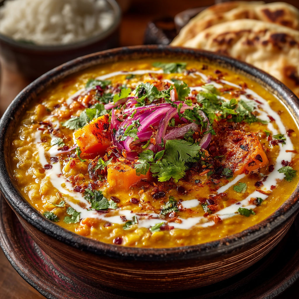 A bowl of curry with lentils and sweet potatoes.