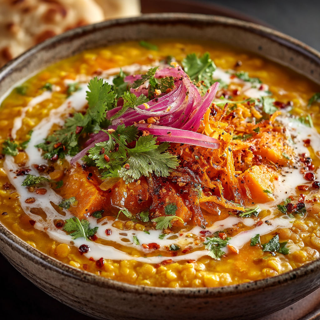 A bowl of soup with a spoon in it.