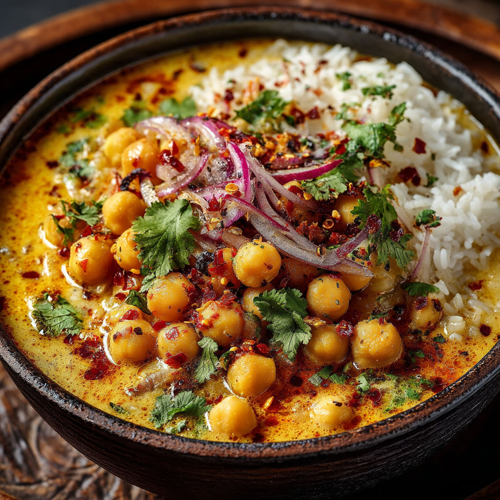 A bowl of curry with chickpeas.