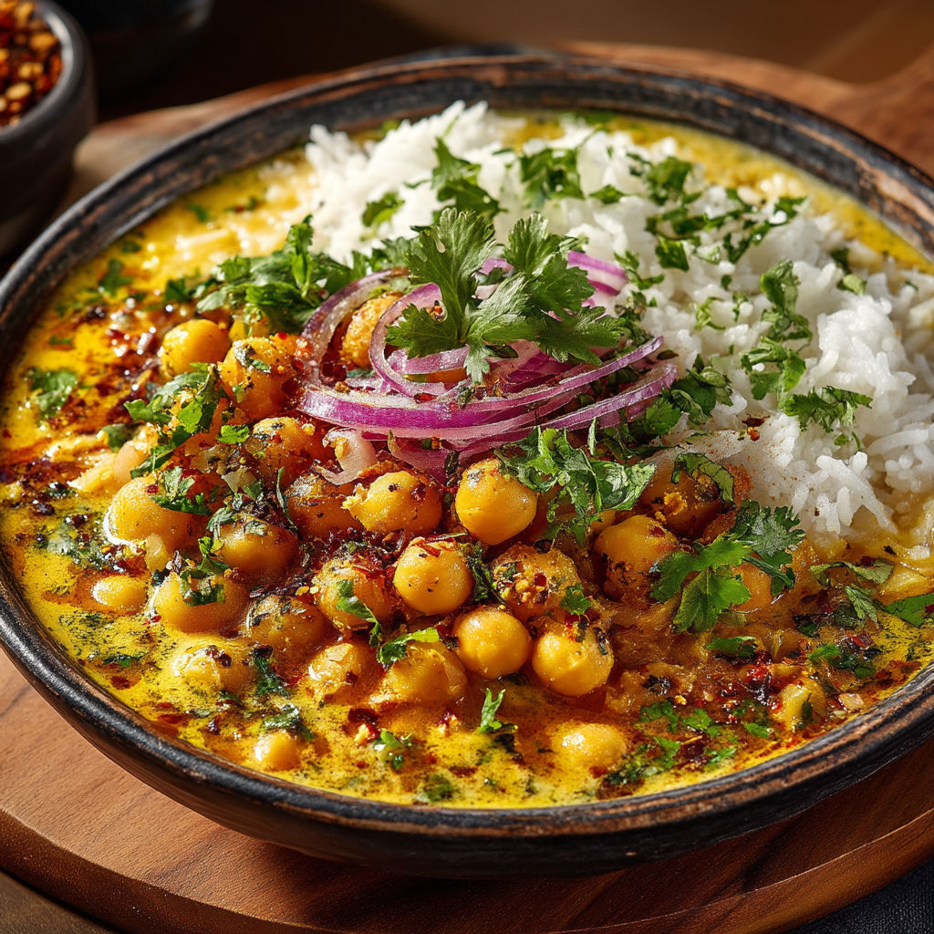 A bowl of food with rice, chickpeas, and onions.