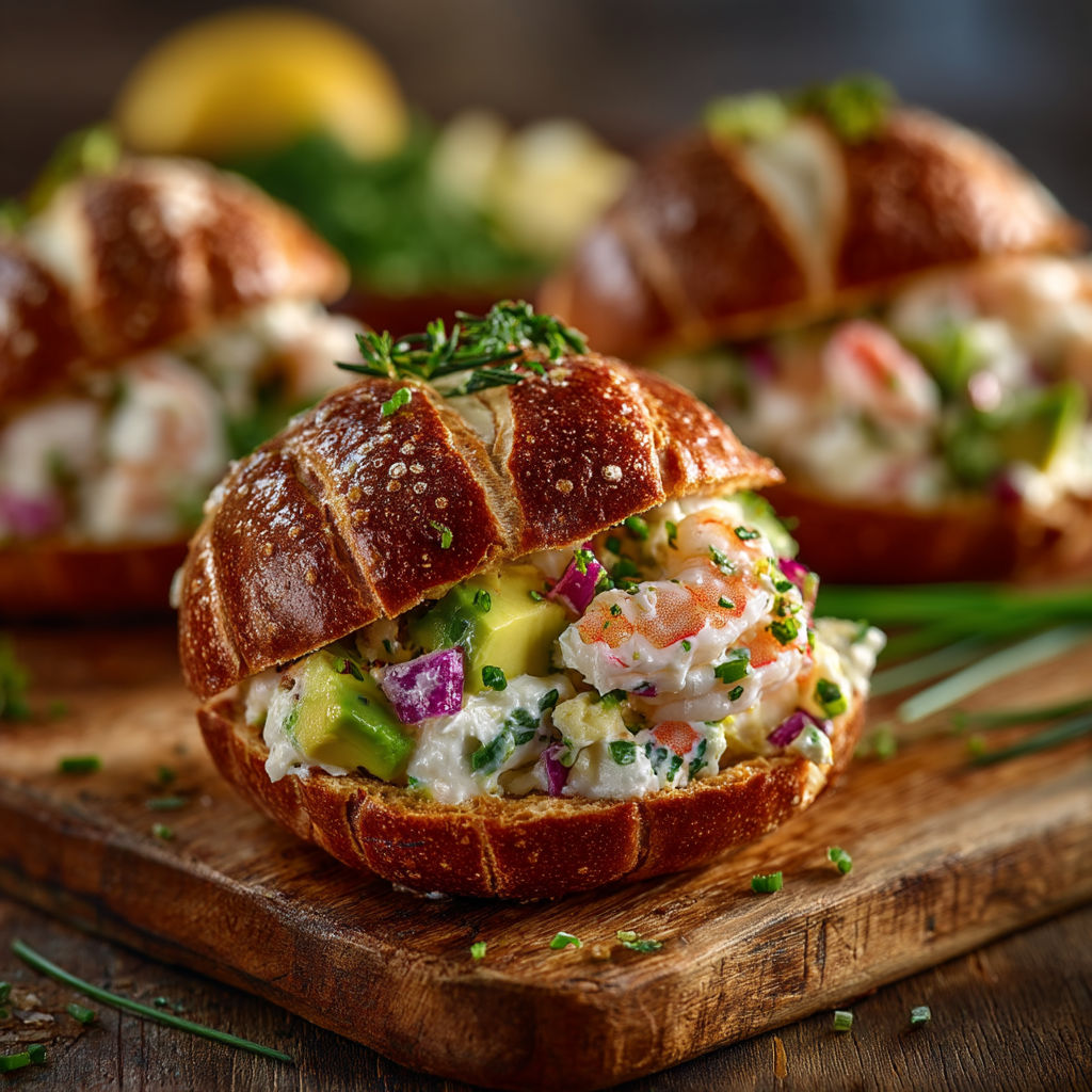 A sandwich with shrimp and avocado.