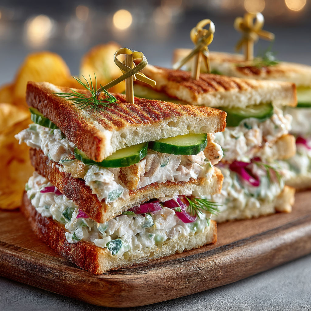 A club sandwich with cucumber and pickle on a wooden board.