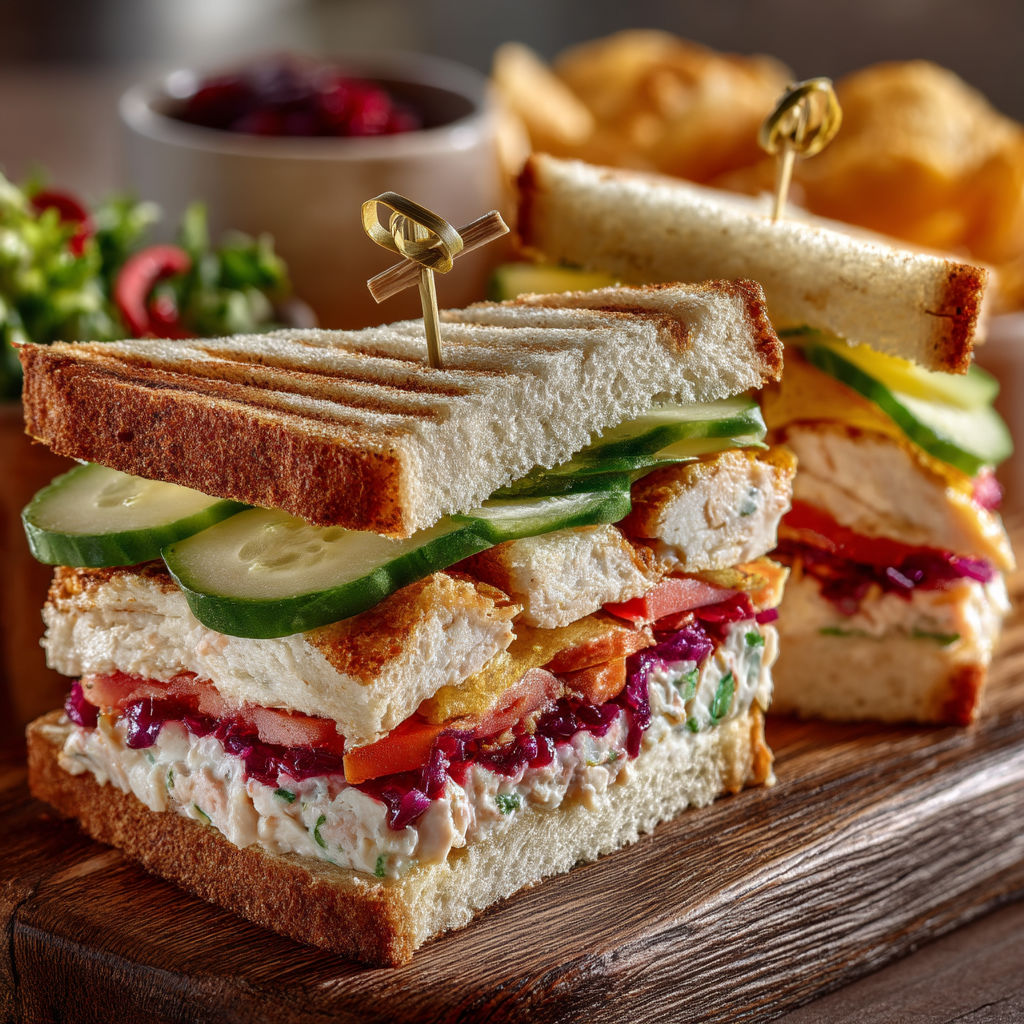 A sandwich with cucumber, tomato, and lettuce.