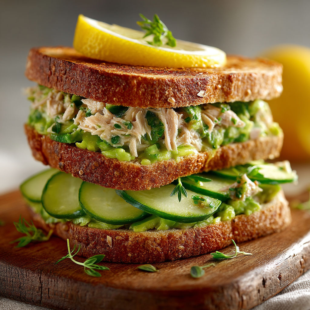 A sandwich with avocado and cucumber on top.