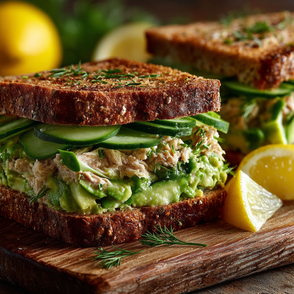 A sandwich with avocado and lemon on a wooden table.