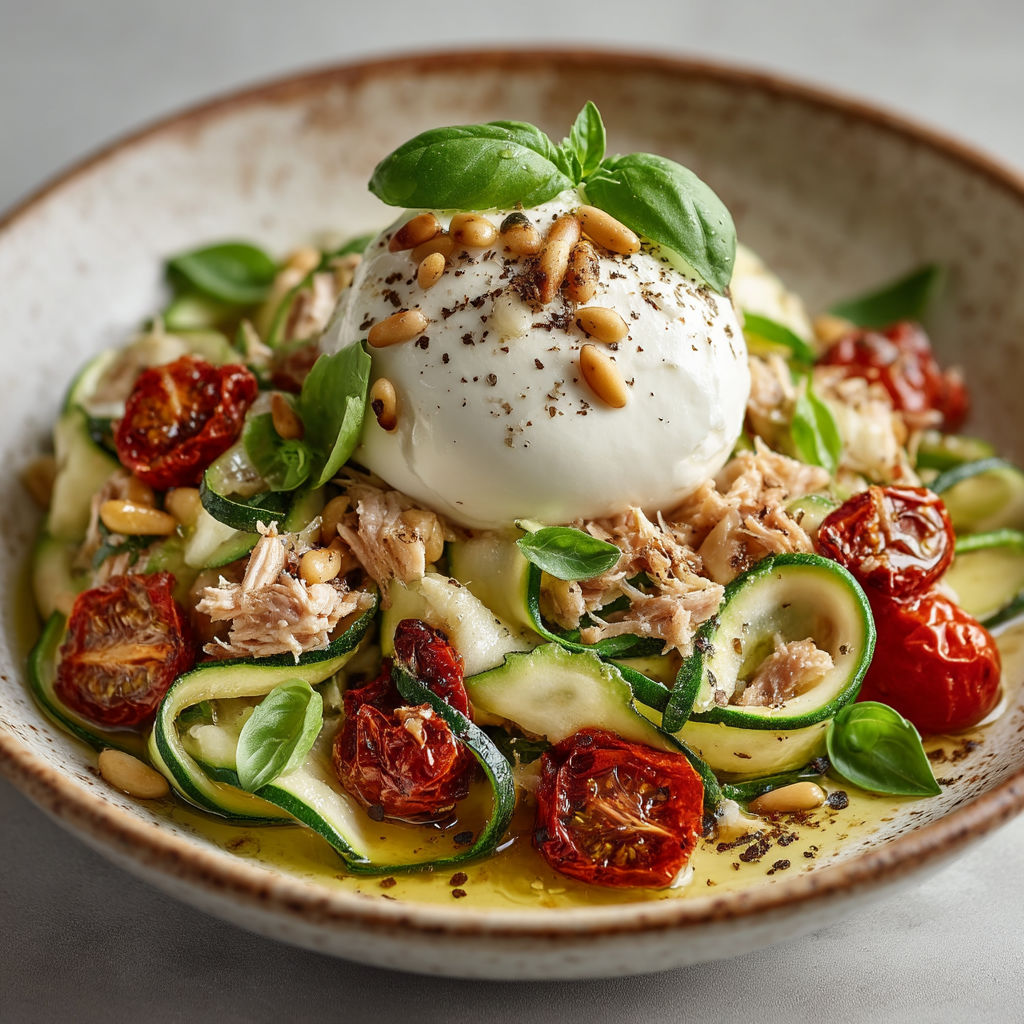 A bowl of food with a white cheese ball on top.