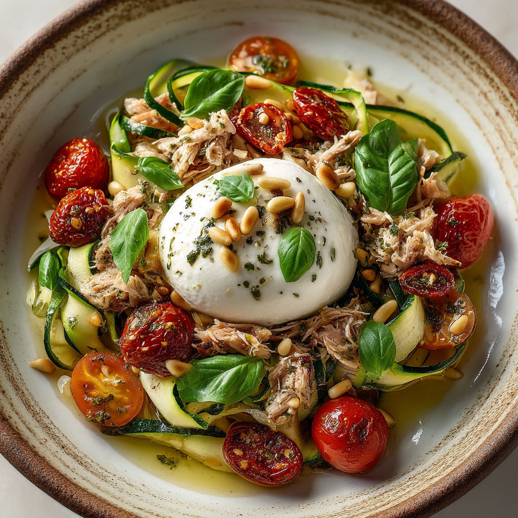A bowl of food with tomatoes, zucchini, spinach, and cheese.