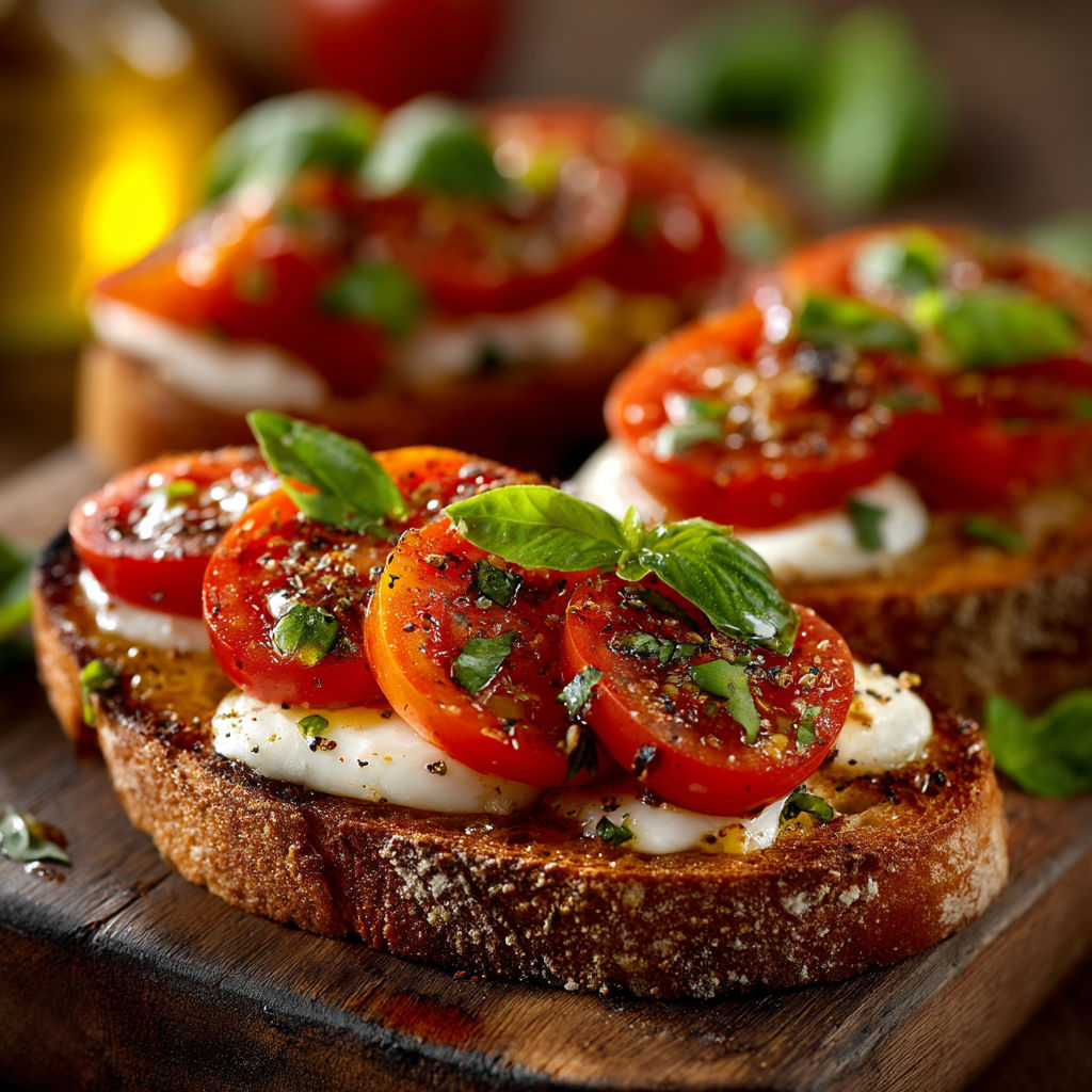 Two slices of bread with tomatoes and basil on top.