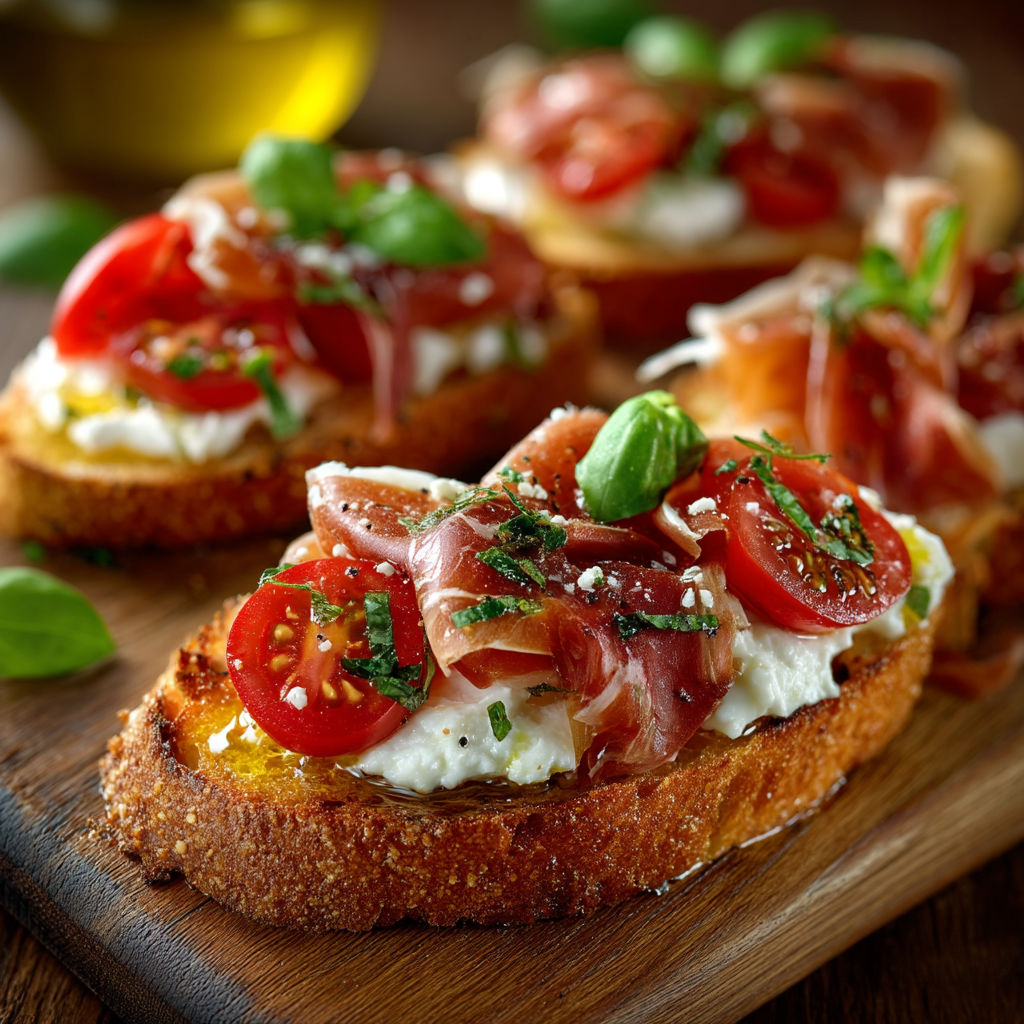 A slice of bruschetta with tomatoes and cheese.