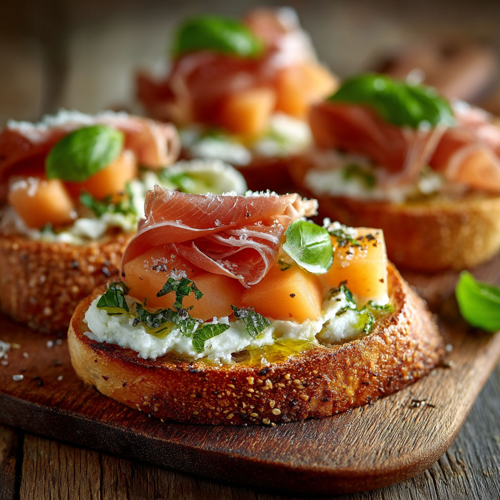 A plate of bruschetta with melon and ham.
