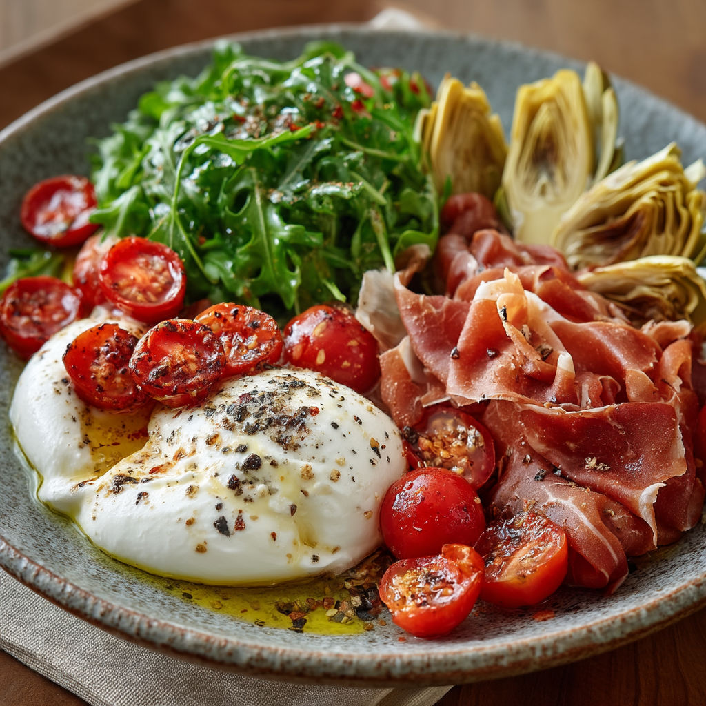 A plate of food with tomatoes, spinach, and ham.