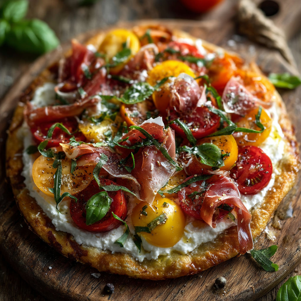 A pizza with tomatoes, basil, and ham.