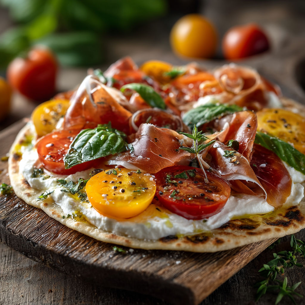 A pizza with tomatoes, basil, and ham on a wooden cutting board.