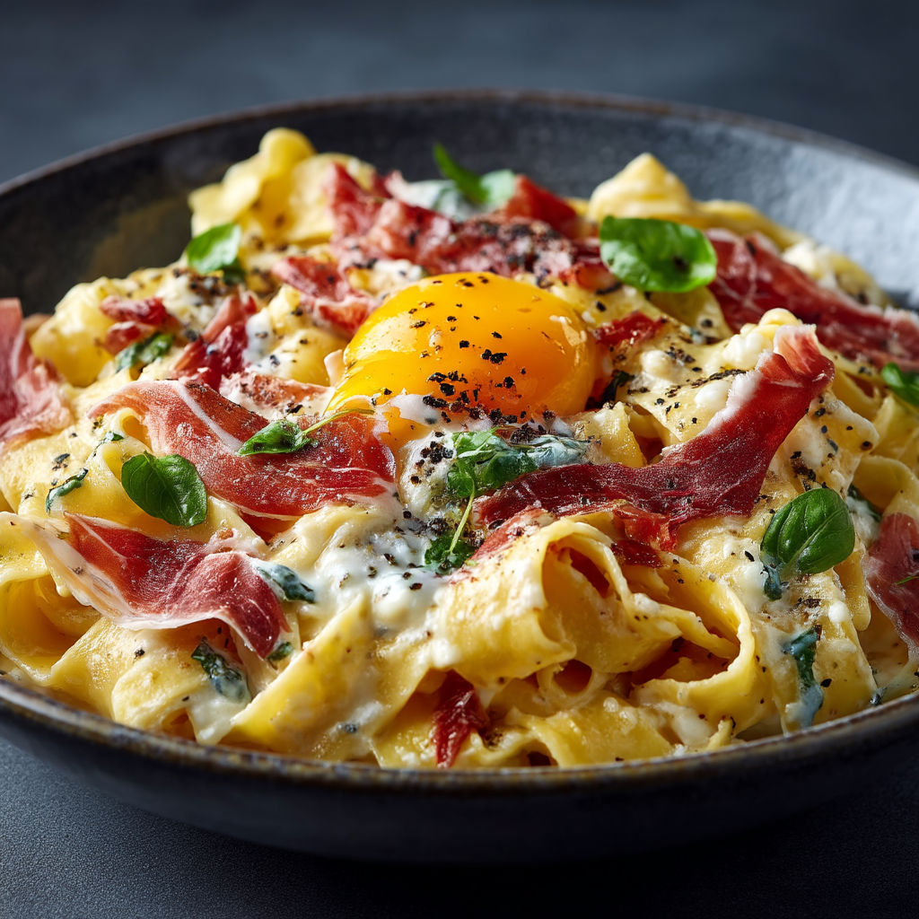 A bowl of pasta with a fried egg on top.