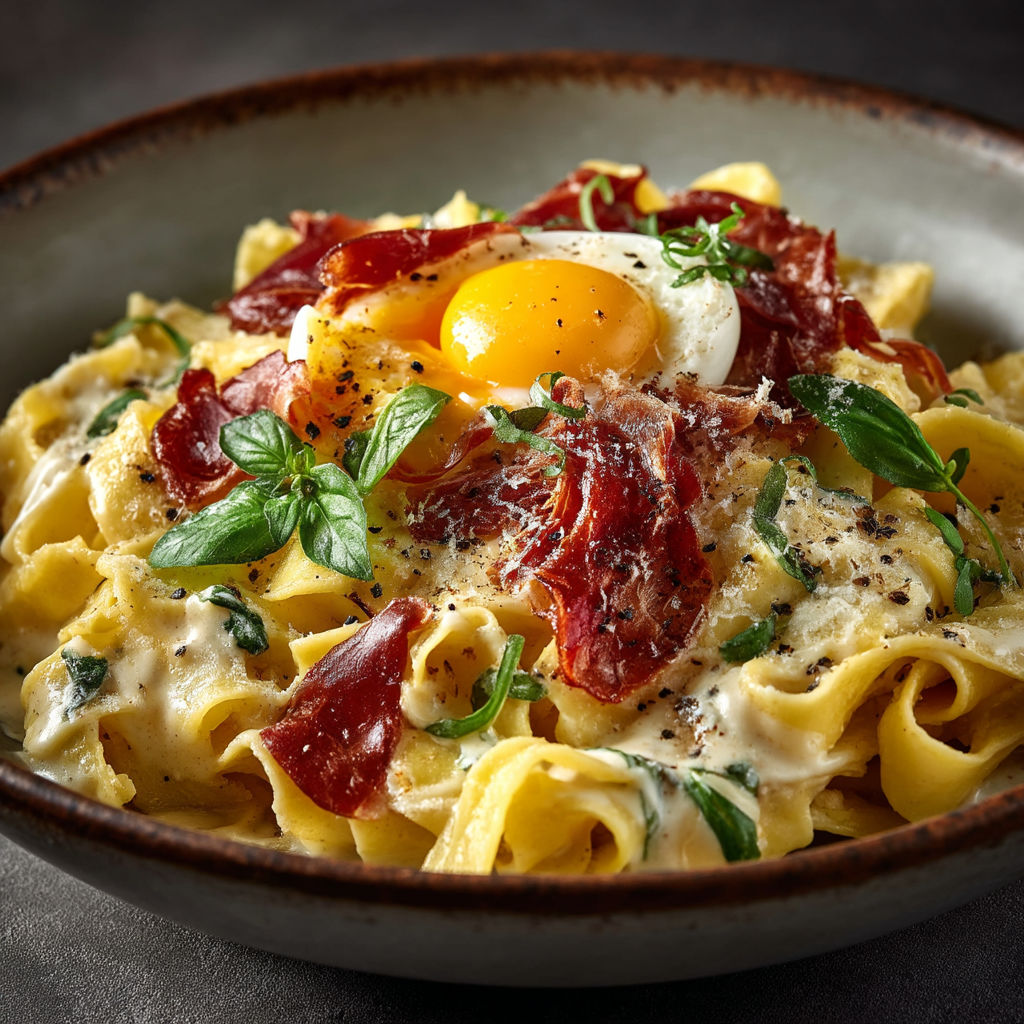A bowl of pasta with a fried egg on top.