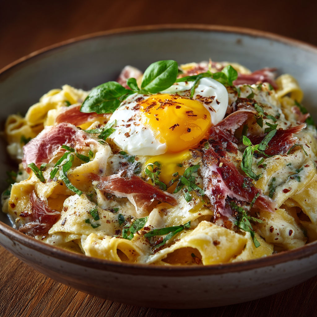 A bowl of pasta with a fried egg on top.