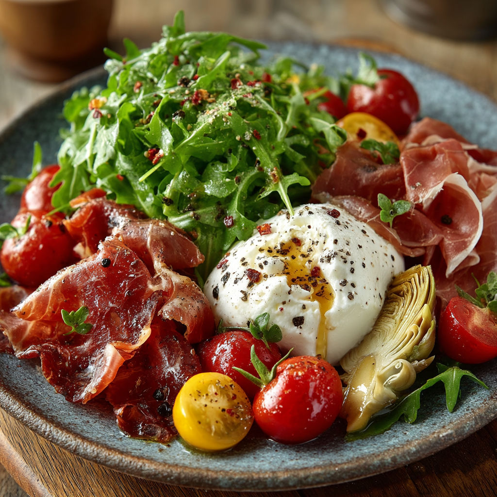 A plate of food with tomatoes, lettuce, and meat.