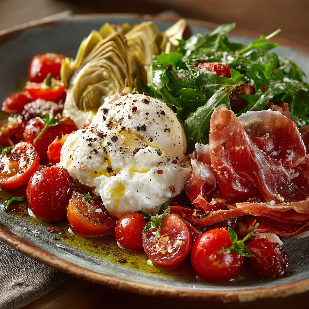 A plate of food with tomatoes, spinach, and meat.