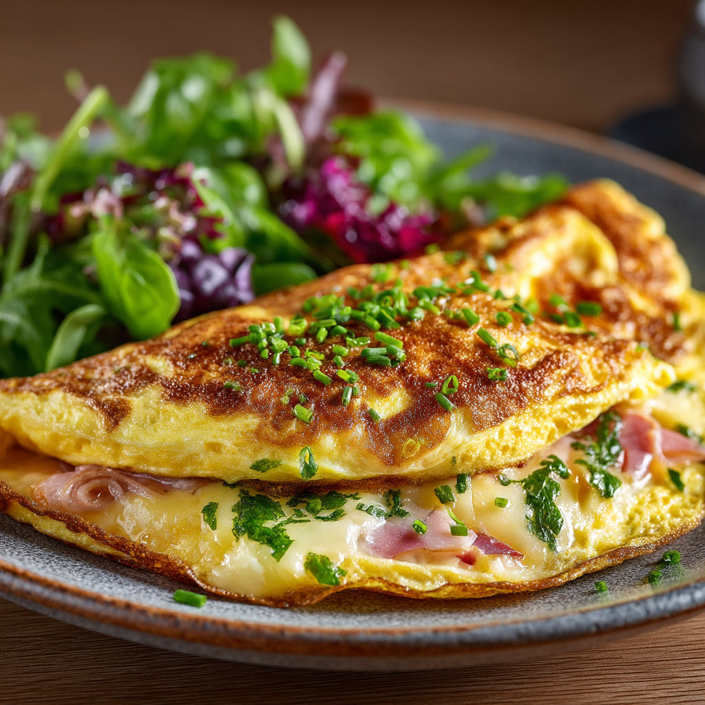 A plate of food with a fried egg, salad, and herbs.