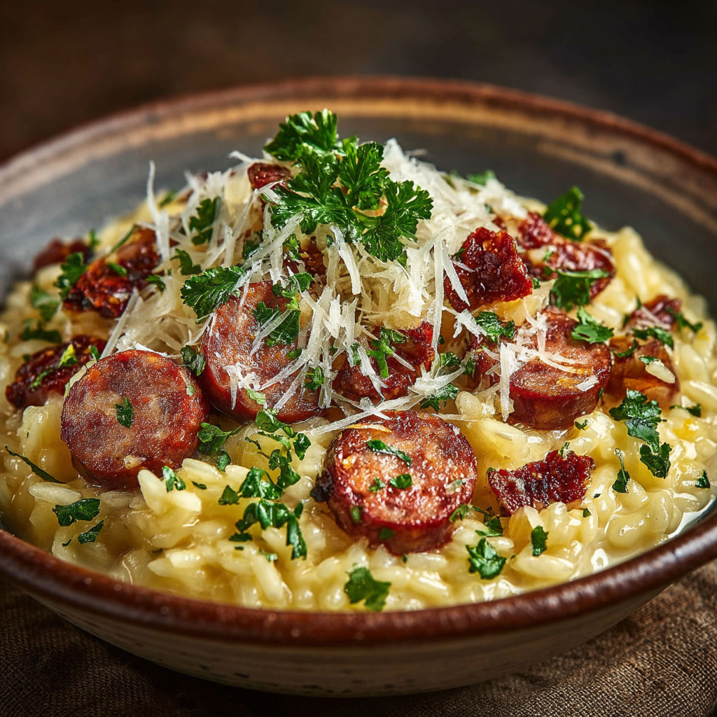 A bowl of pasta with sausage and cheese.