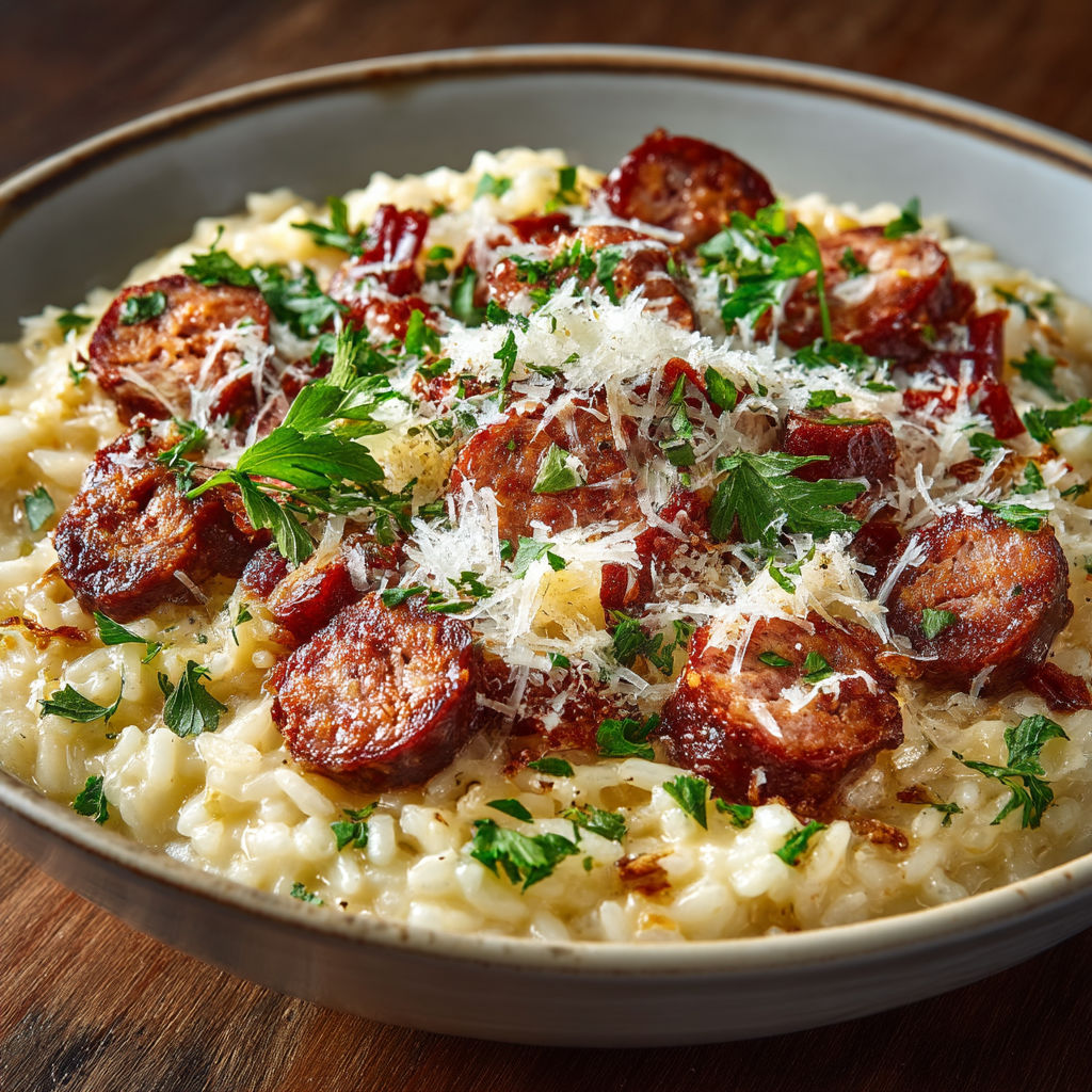 A bowl of pasta with sausage and cheese.